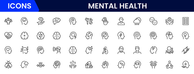 Mental health line icon set. Anxiety, stress, psychology, brain, etc, symbols  collection Vector illustration