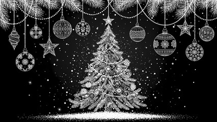 A festive Christmas tree decorated with ornaments and lights on a black background with snowflakes and stars