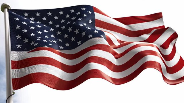 American flag with stars and stripes waving proudly, symbolizing patriotism, independence, freedom, and national pride, isolated on a white background