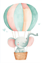 Cute elephant in a hot air balloon, watercolor style on white background. Whimsical nursery decor clipart for baby themes, cards, prints, posters, and children&rsquo;s designs.