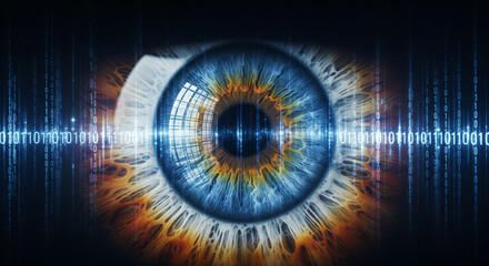 Digital Eye: Close-up of a human eye with digital data streams cascading around the iris, representing the intersection of technology and vision.