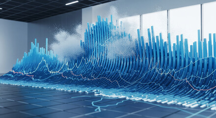 Dynamic Data Visualization: A mesmerizing display of towering blue data bars and swirling cloud formations, representing the intricate flow of information within a modern tech-driven environment.
