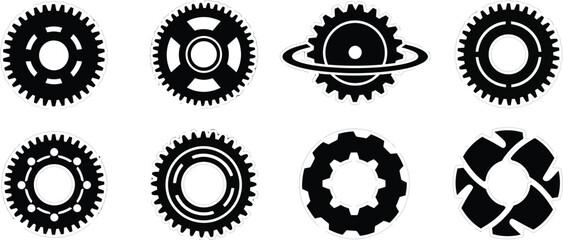 Collection of black mechanical gears and a planet on transparent background silhouette © mst