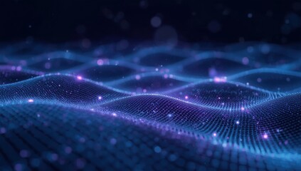 Abstract Blue and Purple Digital Wave Background with Glowing Particles and Smooth Data Mesh for Futuristic Technology and Modern Graphic Design