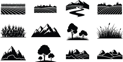 Black nature landscape elements collection with trees mountains on transparent background silhouette © mst