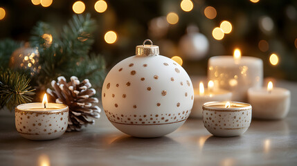 Christmas decoration with candles and ornaments on a table during the holiday season in a warm setting