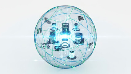 Digital global network sphere with interconnected data servers and futuristic technology, representing data storage and cloud computing