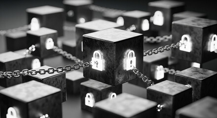 Decentralized Digital Fortress: A network of interconnected, luminous blocks representing blockchain technology, each secure with a glowing padlock, symbolizes the secure.