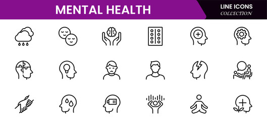 Mental health line icon set. Anxiety, stress, psychology, brain, etc, symbols  collection Vector illustration