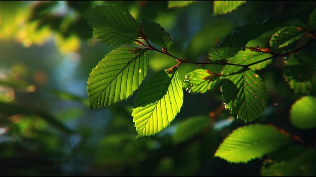Sunlit green tree branch with calm mood gently swaying in a light breeze against a soft forest background