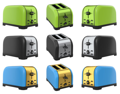 Set of toasters displayed in rows, isolated on white background, concept of kitchen appliances variety