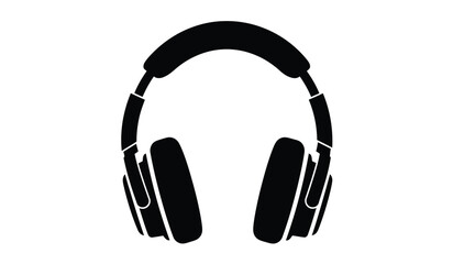 A simple black and white silhouette of over ear headphones is prominently displayed against a stark white background conveying audio technology