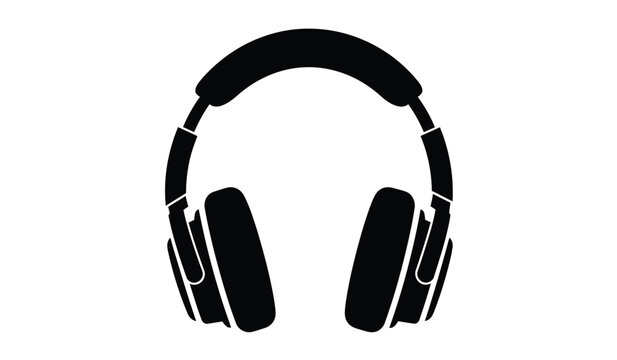 A simple black and white silhouette of over ear headphones is prominently displayed against a stark white background conveying audio technology