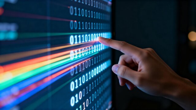 Hand interacting with digital binary code - Powered by Adobe