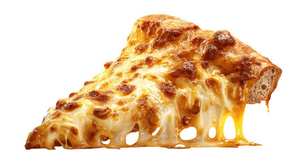 Cheesy pizza slice with melted mozzarella bubbling crust close up food photography studio shot isolated on white background