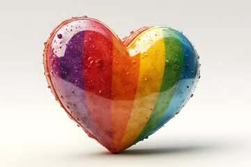 Colorful heart shape with rainbow stripes and water droplets on surface in close up view