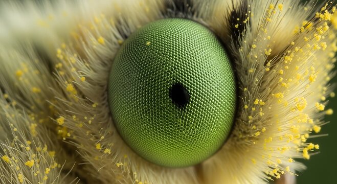 Close-up of insect eye with fine details and yellow pollen grains  