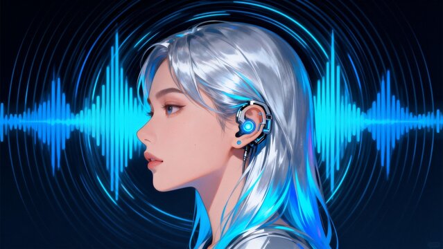 Cybernetic woman with glowing ear device - Powered by Adobe