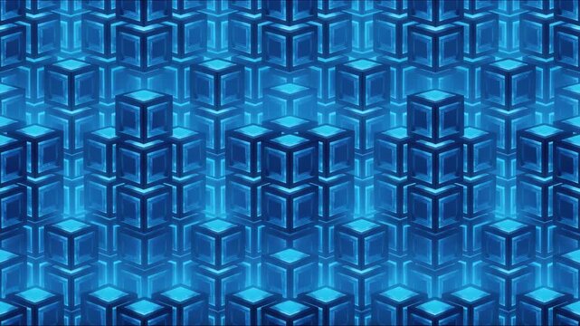 Future Data Storage Array. Seamless pattern of deep blue glowing storage cubes, stacked in an infinite, precise geometric grid. Sci-fi technology background, volumetric lighting.