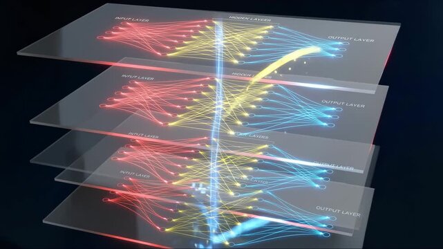 Deep Learning Algorithm Flow. Abstract visualization of layered, transparent grey geometric planes, with paths of brightly colored energy (red, yellow, blue) moving between the layers. Concept of deep