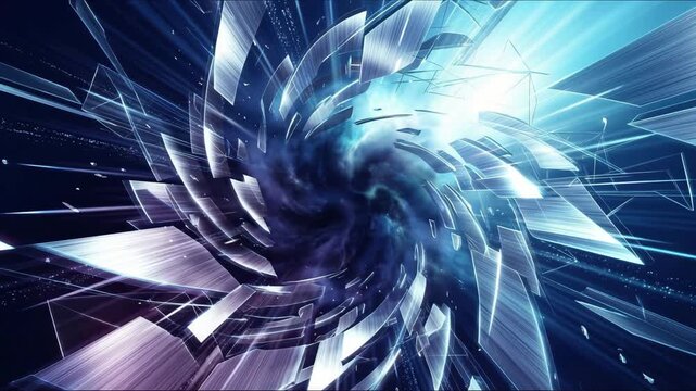 Digital Transformation Abstract. Dynamic burst of interconnected abstract digital fragments, moving quickly from dark to light. Concept of change and speed, sleek metallic texture, volumetric lighting