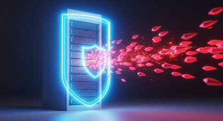 Digital Fortress: Illustrating Robust Data Security. A digitally rendered image of a server rack fortified by a glowing shield, fending off a crimson threat.