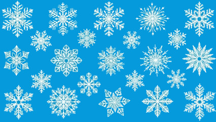 Set of white vector snowflake icons on a blue background. Winter decorative elements