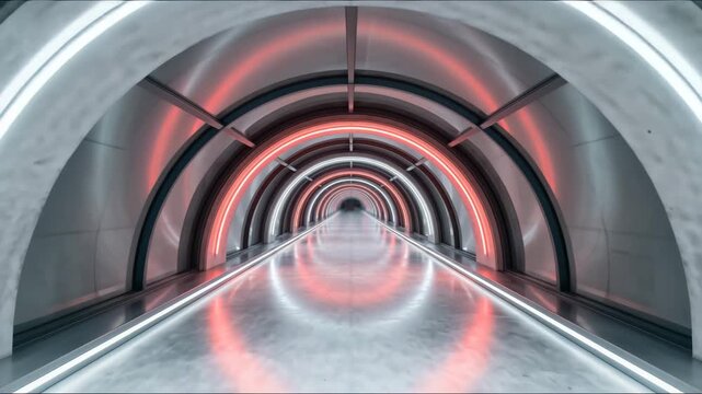 Hyperloop Transportation Tunnel. Smooth, flowing architectural background of a long, empty tunnel with integrated thin lines of bright red and white light guiding the way. Wide angle, futuristic veloc