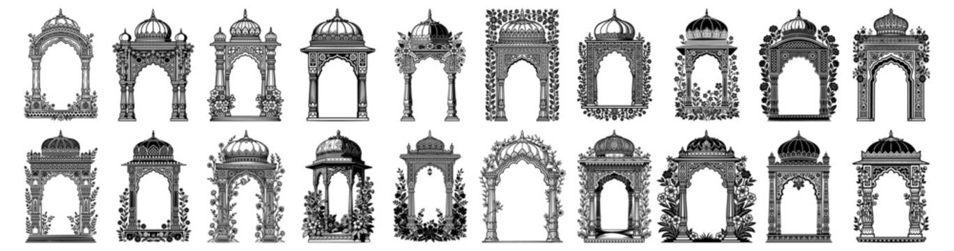 Collection of traditional Indian archway silhouettes and ornate gate vectors featuring intricate jharokha designs for wedding invitations and cultural decor branding.