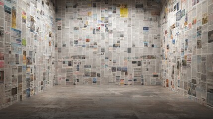 Room interior covered in newspapers displaying news and information content