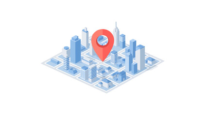 Modern cityscape with red map pin on urban landscape
