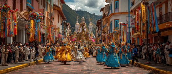 Fototapeta premium People in colorful traditional costumes celebrating a cultural event in the street