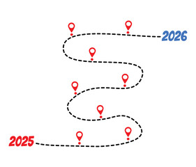 A winding roadmap with a timeline from 2025 to 2026 with concepts of planning, process, growth, achievement, and journey to the destination. The new year 2026, success, the past and the future.