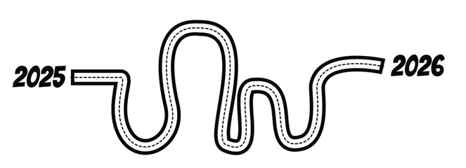 A winding roadmap with a timeline from 2025 to 2026 with concepts of planning, process, growth, achievement, and journey to the destination. The new year 2026, success, the past and the future.