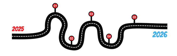 A winding roadmap with a timeline from 2025 to 2026 with concepts of planning, process, growth, achievement, and journey to the destination. The new year 2026, success, the past and the future.