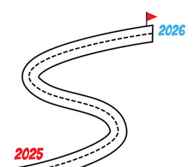 A winding roadmap with a timeline from 2025 to 2026 with concepts of planning, process, growth, achievement, and journey to the destination. The new year 2026, success, the past and the future.