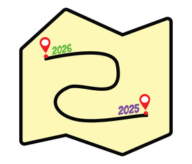 A winding roadmap with a timeline from 2025 to 2026 with concepts of planning, process, growth, achievement, and journey to the destination. The new year 2026, success, the past and the future.