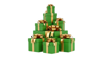 A pyramid stack of green gift boxes with gold ribbons isolated on transparent background