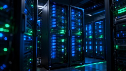 Server racks with illuminated lights in data center