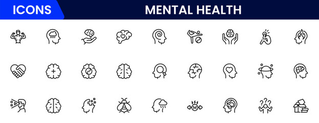 Mental health line icon set. Anxiety, stress, psychology, brain, etc, symbols  collection Vector illustration