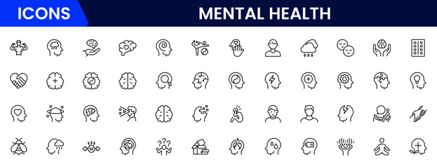 Mental health line icon set. Anxiety, stress, psychology, brain, etc, symbols  collection Vector illustration