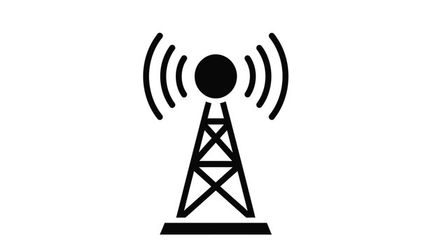 A simple black and white illustration depicts a radio transmission tower emitting waves symbolizing communication and broadcasting technologies high quality professional