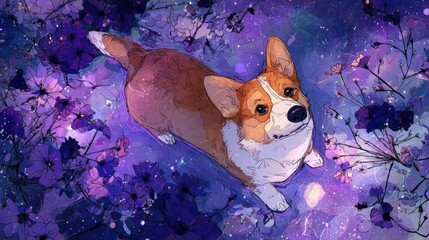 Dog illustration amidst purple flowers artwork artistic conceptual and decorative