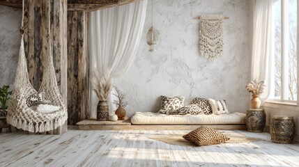 Boho style interior decor with hammock cushions and natural light