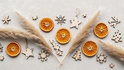 Neutral Christmas flat lay with dried oranges pampas grass and wooden ornaments arranged on linen fabric in modern boho style