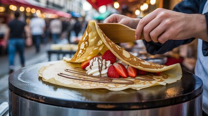Street vendor folds a fresh strawberry and chocolate crepe on a hot griddle outdoors