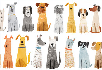Watercolor seamless pattern of cute happy whimsical dogs of different breeds on white background. Child-friendly illustration perfect for textiles, nursery decor, prints, and stationery.