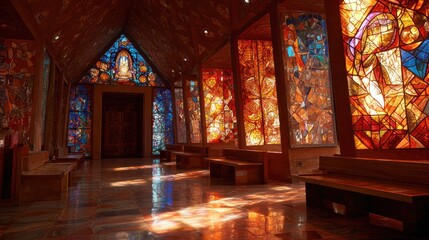 Stained glass windows illuminate interior space with light and shadow
