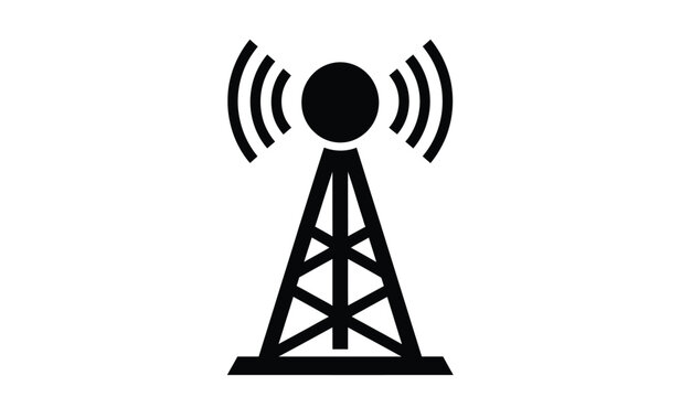 A simple black and white illustration depicts a cellular tower with radiating waves signaling connectivity and wireless communication infrastructure high quality