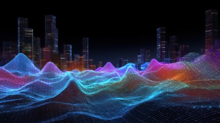 Abstract digital cityscape with data visualization and network lines